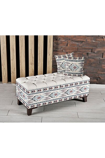 Armi Puf Krem İkat Kilim Desenli Sandıklı Puf +2 Kırlent