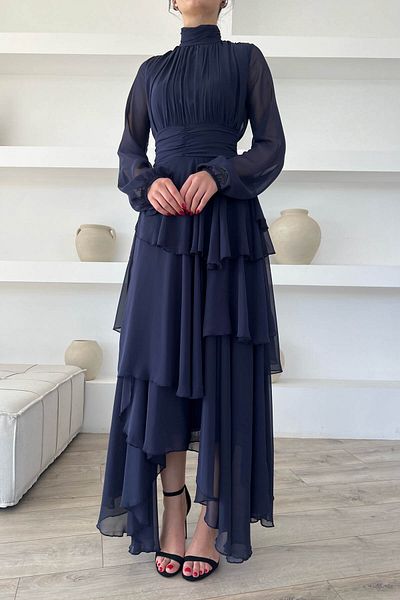 Seda Yalçın Atelier Navy Blue Turtleneck Dress with Drape Detail