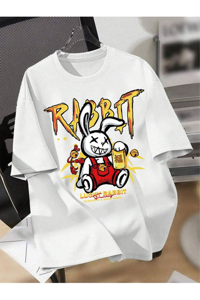 BYMEER Παιδικό μπλουζάκι Unisex με στάμπα Rabbit σε λευκό υπερμεγέθη