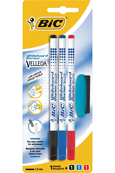 Bic 875708 VELLEDA 1721 ÇOCUK TAHTA KALEMİ 4'LÜ BLİSTER (3 KALEM+SİLGİ)