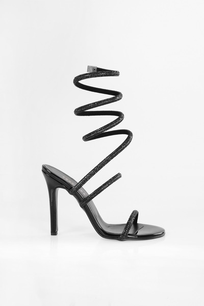 Shoeberry Dámské zářivě černé zrcadlové kotníkové boty na podpatku