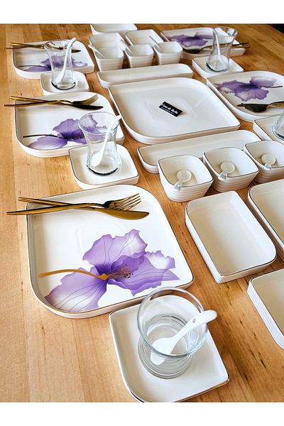 CASA DE BELLA 43 Pieces Purple Flower Porcelain Breakfast Set for 6