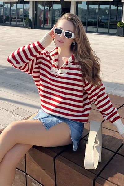 Bianco Lucci Pulover oversize tricot cu dungi cu fermoar pentru damă