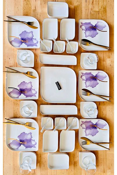 CASA DE BELLA 43 Pieces Purple Flower Porcelain Breakfast Set for 6