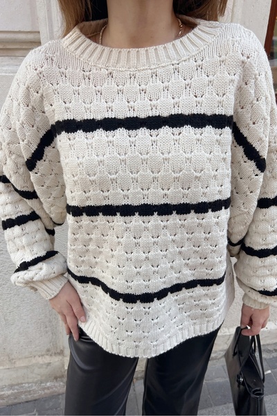 Bianco Lucci Gestreifter Wabenstrickpullover mit Ballonärmeln für Damen