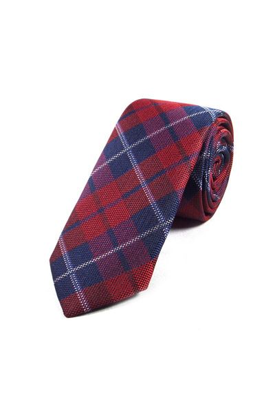 Sade Kravat Claret Red Navy Blue White Special Woven Plaid Thin Tie 19093 Claret Red