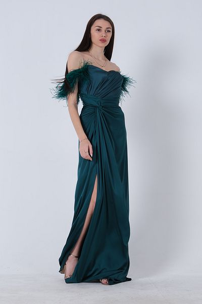 Feminist Teared Otrish Sleeve Crepe Satin Evening Dress Emerald9705210