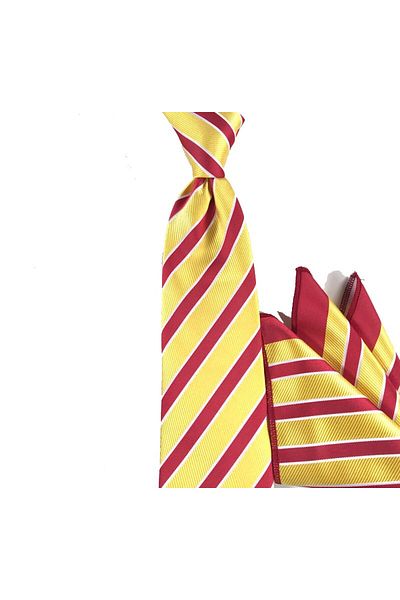 Sade Kravat Yellow Red White Striped Handkerchief Tie 26482 Yellow