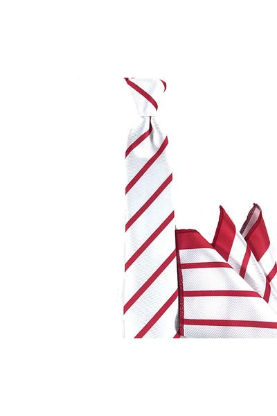 Sade Kravat White Red Striped Thin Tie with Handkerchief 25965 Red
