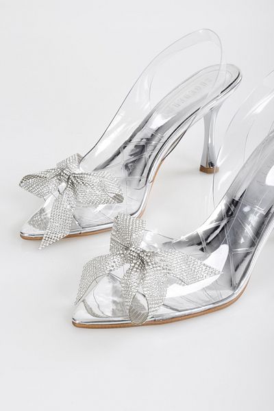 Shoeberry Dámské průhledné boty na podpatku Starla Silver Jeweled Bow
