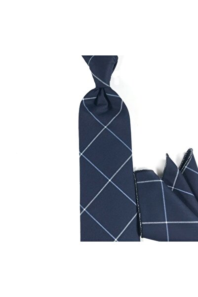 Sade Kravat Navy Blue White Plaid Handkerchief Wool Tie 27151 Navy Blue