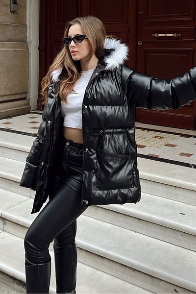 Bianco Lucci Damen-Fell-Puffer-Ledermantel mit Kapuze