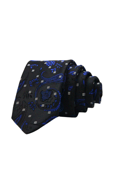 Elegante Cravatte Siyah ve Mavi Renk Şal Desen Exclusive Model Kravat ve Cep Mendili