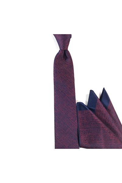 Sade Kravat Kırmızı Lacivert Melanj Desenli Mendilli Ince Kravat 24412 Kırmızı