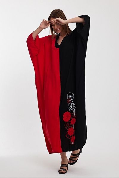 AYASOFYA OTANTIK Rochie de damă, neagră, roșie, cu broderie cu flori, cu decolteu în V