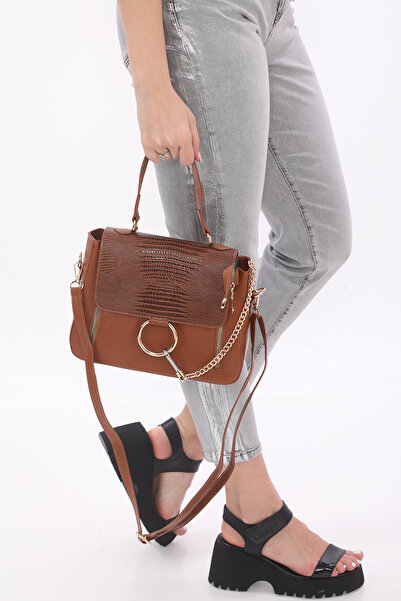 womenacs Tan Color Laser Cut Covered Women's Handbag with Chain Accessories and Shoulder Strap