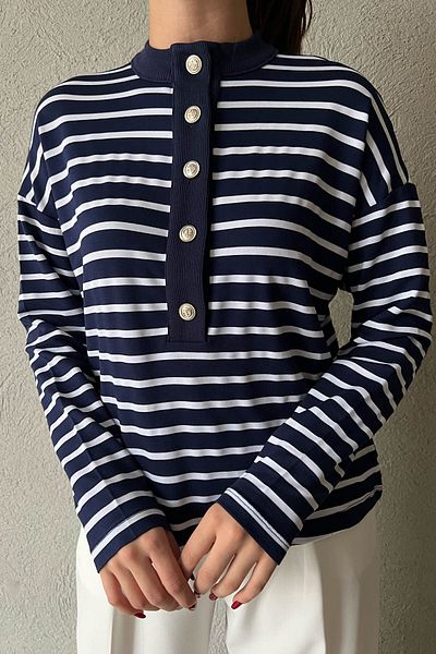 Seda Yalçın Atelier Navy Blue White Striped Silver Button Oversize Blouse