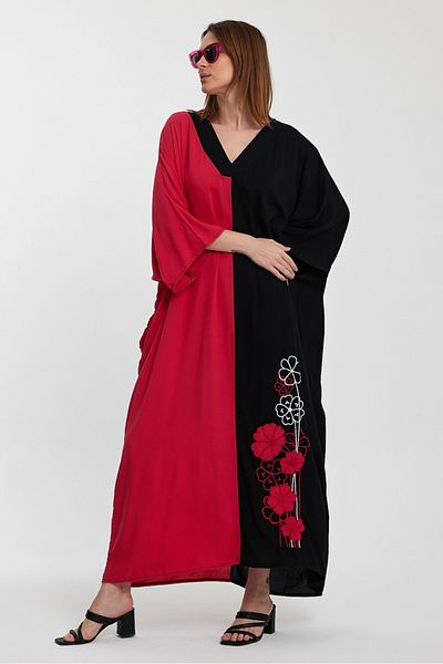AYASOFYA OTANTIK Rochie de damă neagră fucsia cu broderie cu flori, cu decolteu în V, supradimensionată