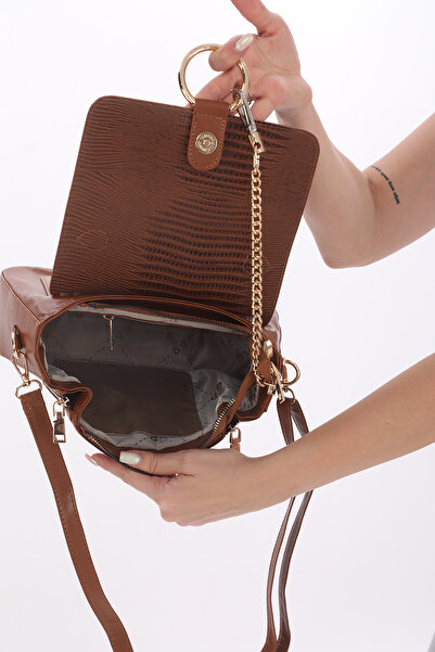 womenacs Tan Color Laser Cut Covered Women's Handbag with Chain Accessories and Shoulder Strap