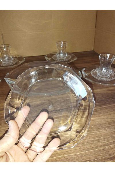 Paşabahçe Reflection Crystal Tea Cup Dessert Plate Serving Plate Tea Presentation Set 19 Pieces