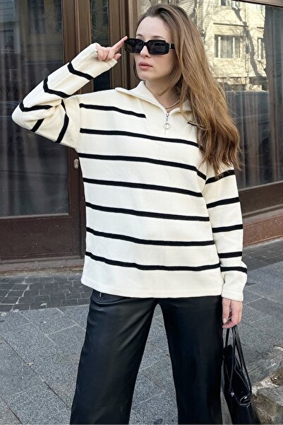 Bianco Lucci Pulover din tricot cu dungi cu fermoar pentru damă