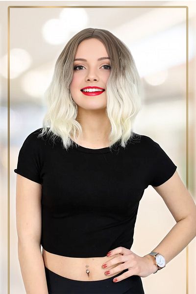 KONAK PERUK Fiber Synthetic Short Wavy Rivetless Wig - Ashy Light Brown / Platinum Ombreli