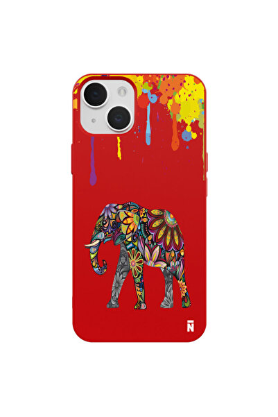 Casen iPhone 13 Yağlı Boya Fil Tasarımlı Kırmızı Renkli Silikon Telefon Kılıfı
