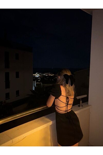 FMN Collection kadın sırt ip bağlama kare yaka balon kol dekolteli mini pinterest muadil elbise