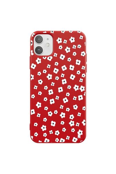 Casen iPhone 11 Papatya Bahçesi Tasarımlı Kırmızı Renkli Silikon Telefon Kılıfı
