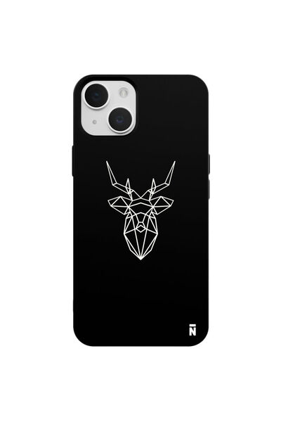 Casen iPhone 15 Geyik Geometrik Tasarımlı Siyah Renkli Silikon Telefon Kılıfı