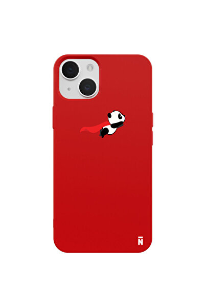 Casen iPhone 13 Uçan Panda Tasarımlı Kırmızı Renkli Silikon Telefon Kılıfı