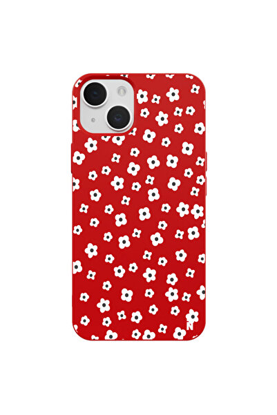 Casen iPhone 13 Papatya Bahçesi Tasarımlı Kırmızı Renkli Silikon Telefon Kılıfı