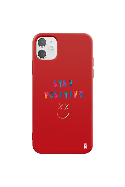 Casen iPhone 11 Stay Positive Tasarımlı Kırmızı Renkli Silikon Telefon Kılıfı