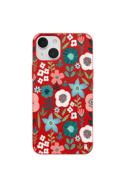 Casen iPhone 13 Flowers Tasarımlı Kırmızı Renkli Silikon Telefon Kılıfı