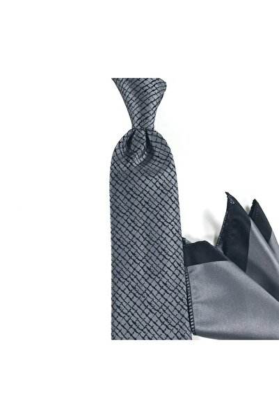 Sade Kravat Gri Siyah Küçük Kareli Mendilli Kravat 26933 Gri