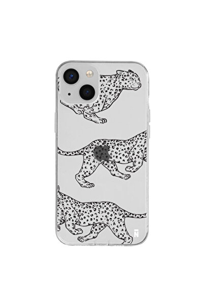 Casen iPhone 13 Walking Cheetah Tasarımlı Şeffaf Silikon Telefon Kılıfı