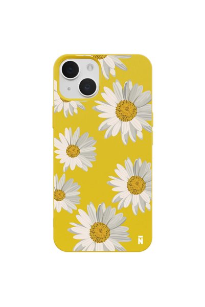 Casen غلاف هاتف من السيليكون باللون الأصفر لهاتف iPhone 15 بتصميم زهرة الأقحوان