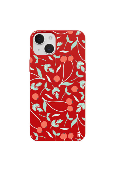 Casen iPhone 13 Kiraz Bahçesi Tasarımlı Kırmızı Renkli Silikon Telefon Kılıfı