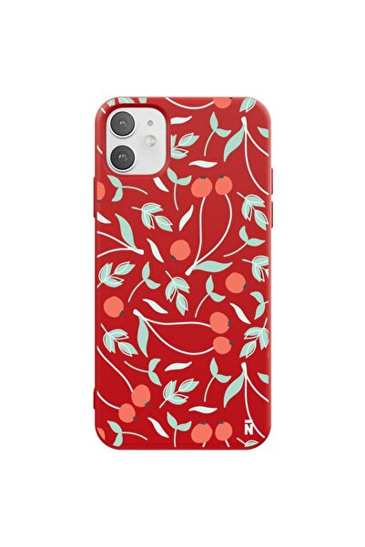 Casen iPhone 11 Kiraz Bahçesi Tasarımlı Kırmızı Renkli Silikon Telefon Kılıfı