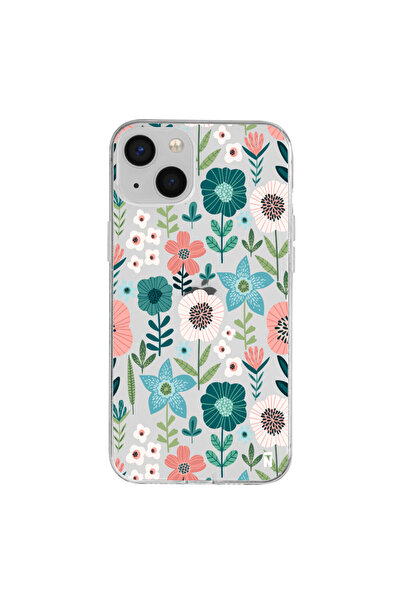 Casen iPhone 13 Flowers Tasarımlı Şeffaf Silikon Telefon Kılıfı