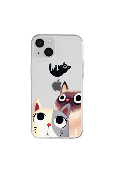 Casen iPhone 13 Mini Kedicikler Tasarımlı Şeffaf Silikon Telefon Kılıfı