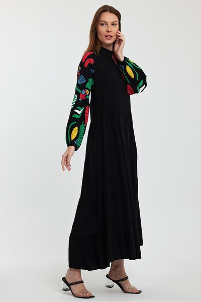AYASOFYA OTANTIK Rochie lungă cu mânecă lungă imprimată cu mâneci negre pentru femei