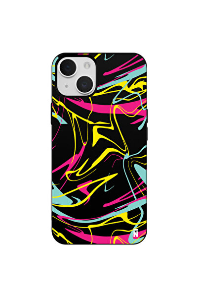 Casen iPhone 15 Abstract Painting Tasarımlı Siyah Renkli Silikon Telefon Kılıfı