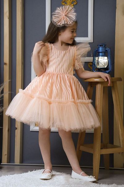 ABİYEKİDS Buckle Line Pattern Salmon Children's Evening Dress 23April Show Dress ABY133