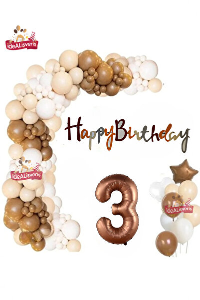 Genel Markalar Kahverengi 3 Yaş Folyo Balonlu Uzar Yazılı Krem Kahve Beyaz Do...