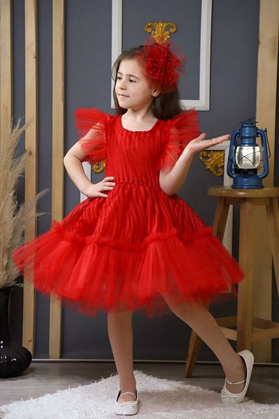 ABİYEKİDS Buckle Line Pattern Red Children's Evening Dress 23April Show Dress ABY133