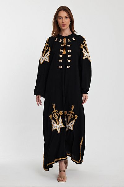 AYASOFYA OTANTIK Women's Black Placket Collar Butterfly Embroidery Detailed Long Sleeve Long Dress