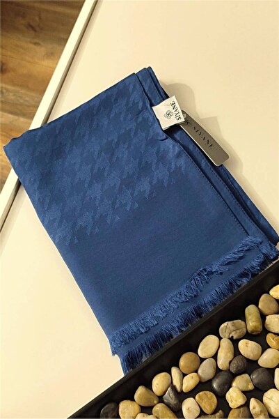 İpekel Açık Lacivert Kazayağı Desenli Pamuklu Jakar Şal