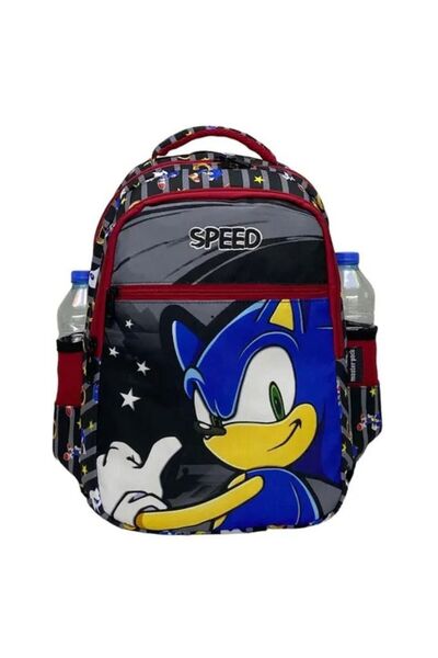 Uniquerrs Set de 2 rucsac și geantă pentru școală primară cu 3 compartimente și hrănire cu imprimeu colorat Hedgehog Sonic