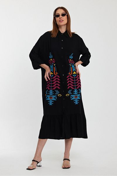 AYASOFYA OTANTIK Rochie cămașă pliabilă cu mânecă lungă, cu broderie etnică neagră, pentru femei
